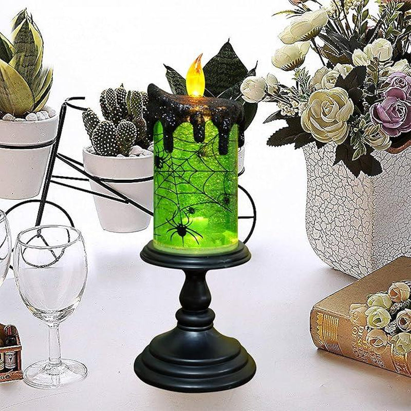 Genswin Halloween Snow Globe Flameless Candle, Light Glittering Spinning Water Table Decor Ornaments Decoration