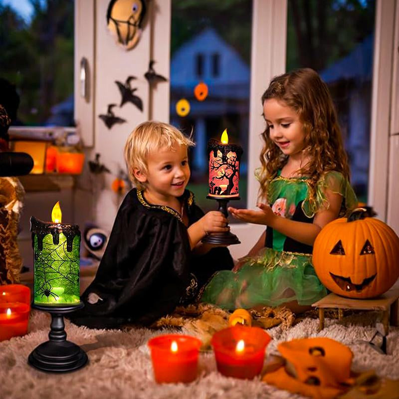 Genswin Halloween Snow Globe Flameless Candle, Light Glittering Spinning Water Table Decor Ornaments Decoration