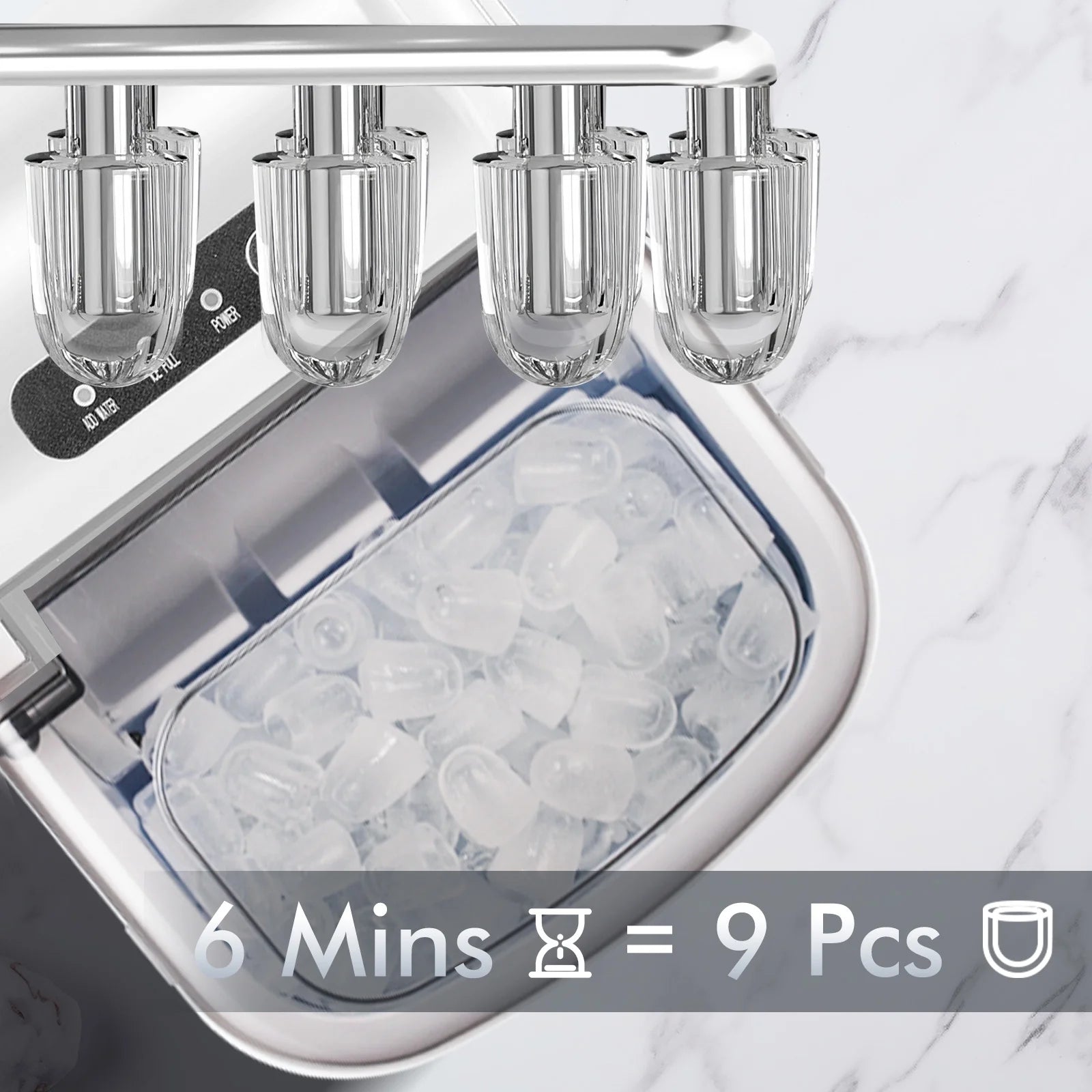 Countertop Ice Maker Machine 26Lbs/24H, 6 Mins/9 Bullets of Ice, Self-Cleaning, White