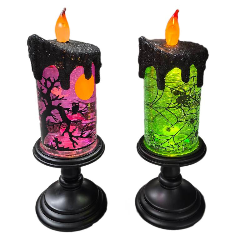 Genswin Halloween Snow Globe Flameless Candle, Light Glittering Spinning Water Table Decor Ornaments Decoration