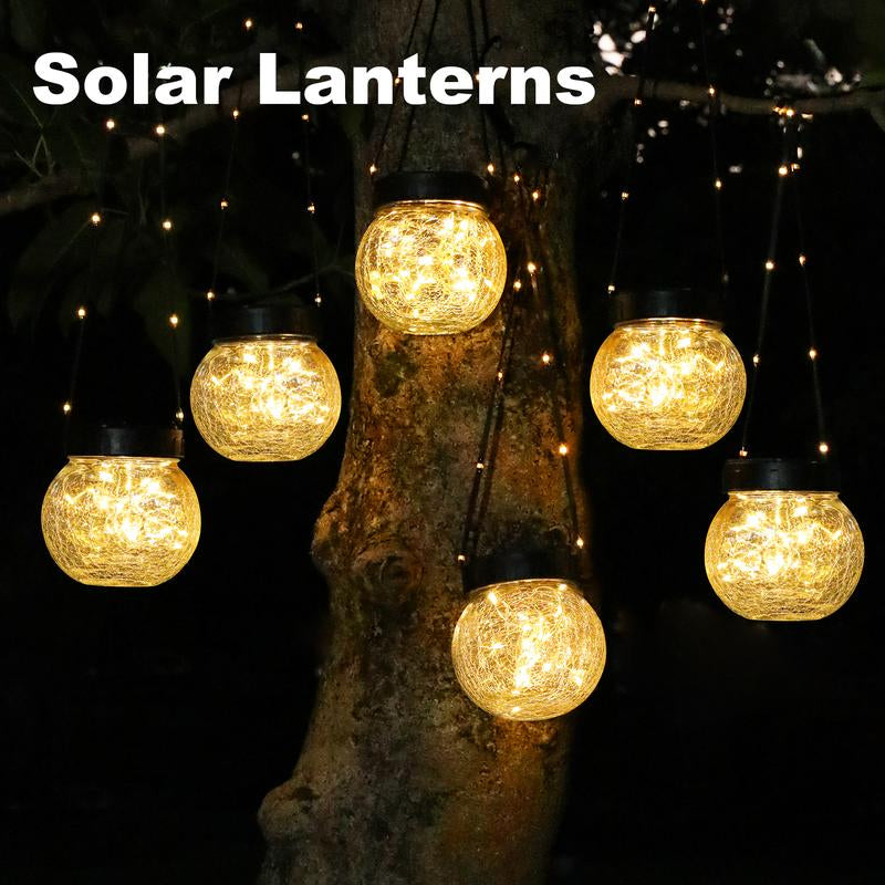 PARTPHONER Solar Lanterns Solar Lights Outdoor Waterproof 6-Pack, Solar Powered Hanging Lights Cracked Glass Hanging Globes for Christmas Decoration, Shepherd Hook, Garden Tree Ornaments