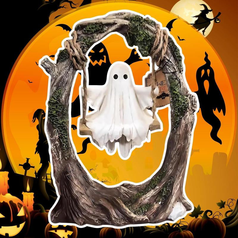 Ghost on a Tree Swing - Swinging Shadows 2025 New Cute Spooky Figurine for Halloween Indoor Outdoor Decorative Sculptures Gift Ornaments 11"D X 3.9"W X 7.8"H