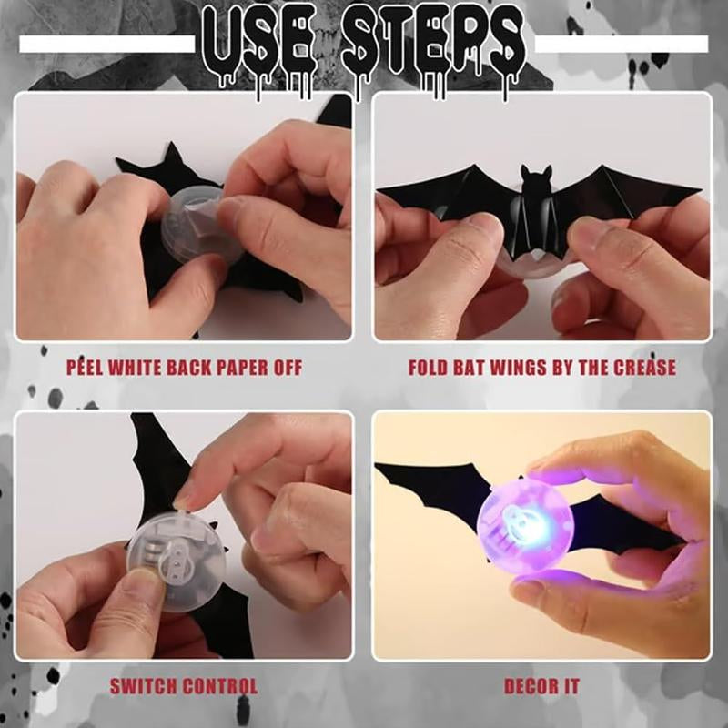 LED Light Bat Decorations - 12-24-36 Pack Lighted 3D Bat Stickers Assorted Sizes for Halloween Party Bedroom Window Decorations Indoor Outdoor Home Decals