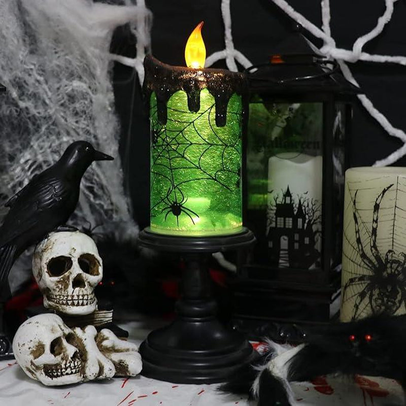 Genswin Halloween Snow Globe Flameless Candle, Light Glittering Spinning Water Table Decor Ornaments Decoration