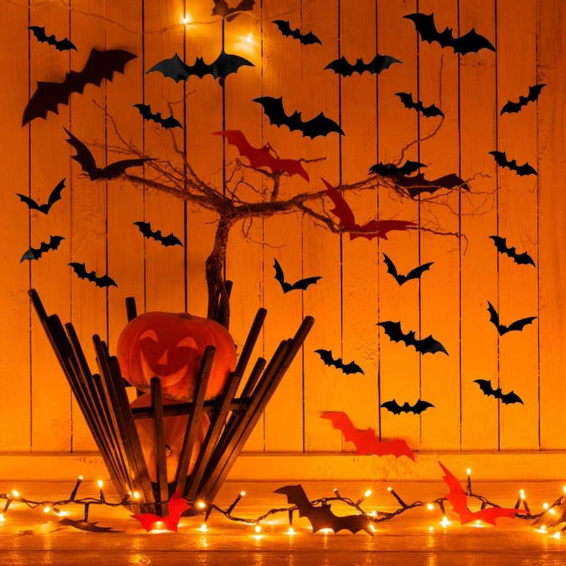 160PCS 3D Halloween Bats Wall Decor - Scary Black Bat Stickers in 7 Sizes for Spooky Home & Party Decorative Ornaments Removable PVC Material Easy DIY Application - Smooth