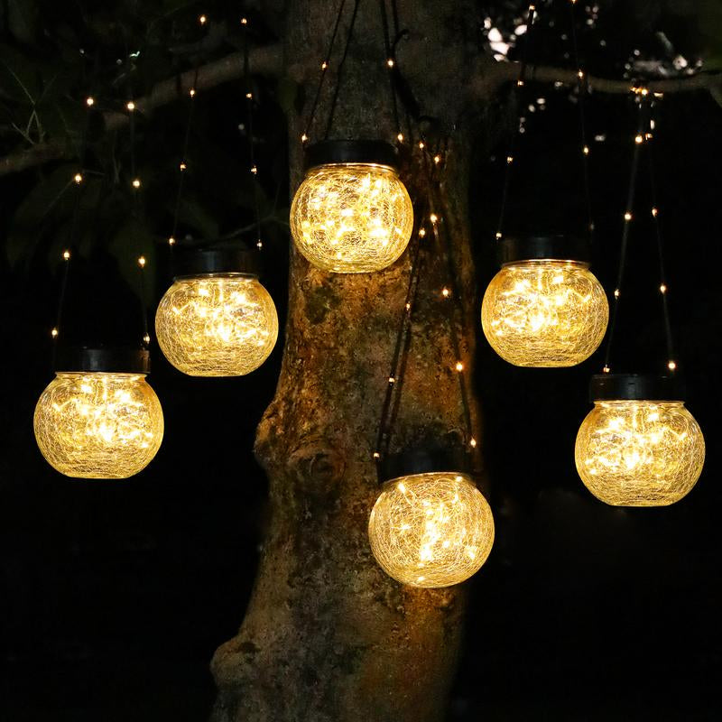PARTPHONER Solar Lanterns Solar Lights Outdoor Waterproof 6-Pack, Solar Powered Hanging Lights Cracked Glass Hanging Globes for Christmas Decoration, Shepherd Hook, Garden Tree Ornaments
