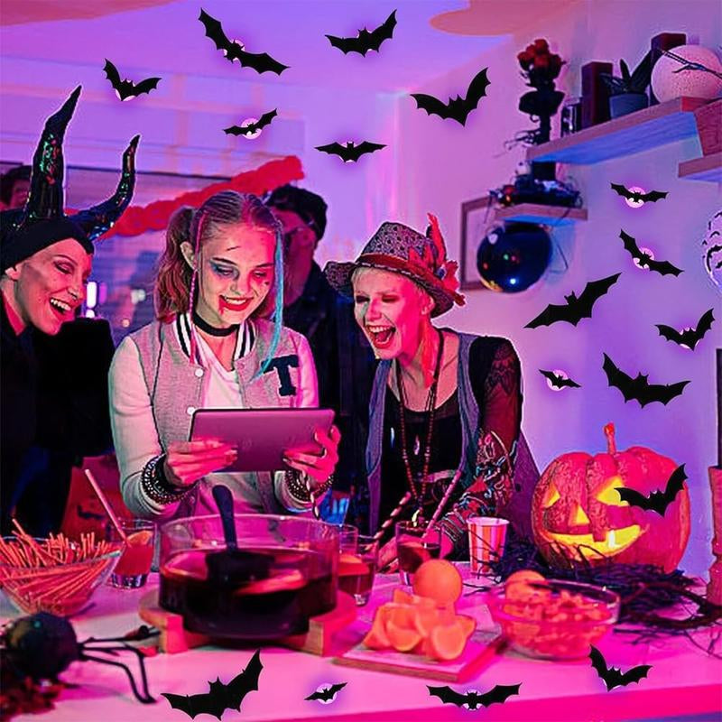 LED Light Bat Decorations - 12-24-36 Pack Lighted 3D Bat Stickers Assorted Sizes for Halloween Party Bedroom Window Decorations Indoor Outdoor Home Decals