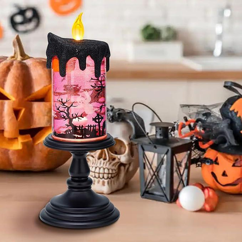 Genswin Halloween Snow Globe Flameless Candle, Light Glittering Spinning Water Table Decor Ornaments Decoration