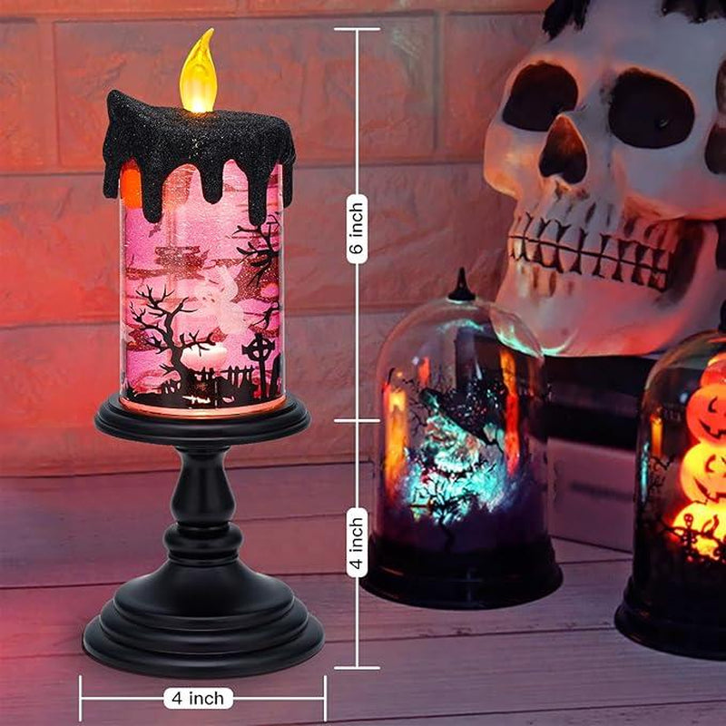 Genswin Halloween Snow Globe Flameless Candle, Light Glittering Spinning Water Table Decor Ornaments Decoration