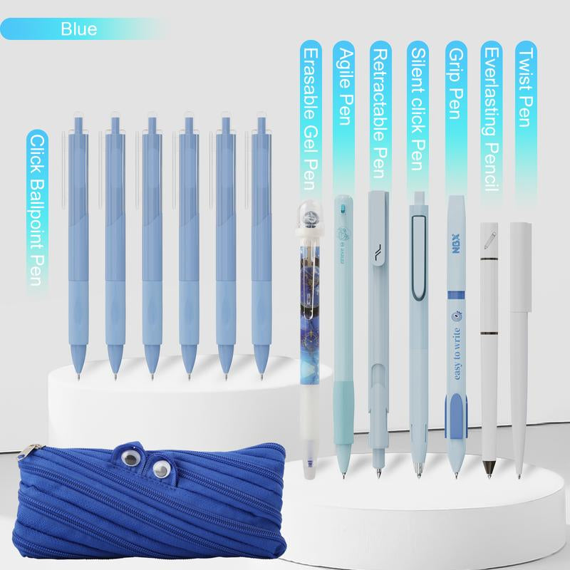 Rarler 13 PCS Smart Pen School Supplies with Moster Pencil Case, 1 Twist Pen, 1 Everlasting Pencil, 1 Grip Pen, 1 Silent Click Pen, 1 Retractable Pen, 1 Agile Pen, 1 Erasable Gel Pen, 6 Click Ballpoint Pens 0.5Mm Student Essentials Infinity Pen