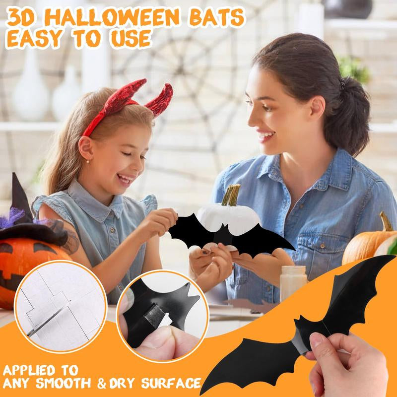 160PCS 3D Halloween Bats Wall Decor - Scary Black Bat Stickers in 7 Sizes for Spooky Home & Party Decorative Ornaments Removable PVC Material Easy DIY Application - Smooth