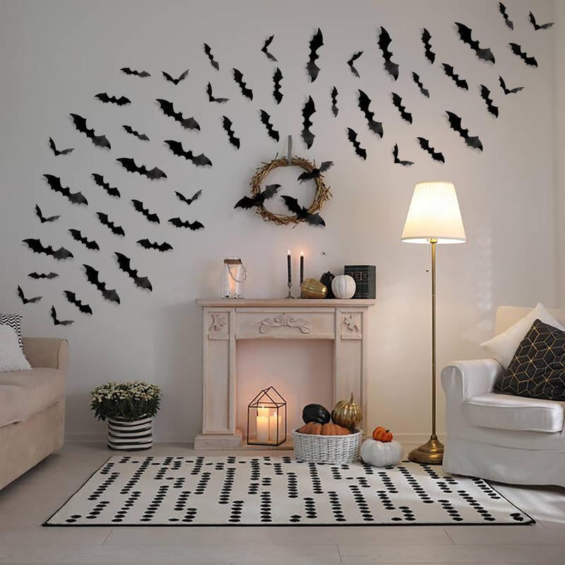 160PCS 3D Halloween Bats Wall Decor - Scary Black Bat Stickers in 7 Sizes for Spooky Home & Party Decorative Ornaments Removable PVC Material Easy DIY Application - Smooth