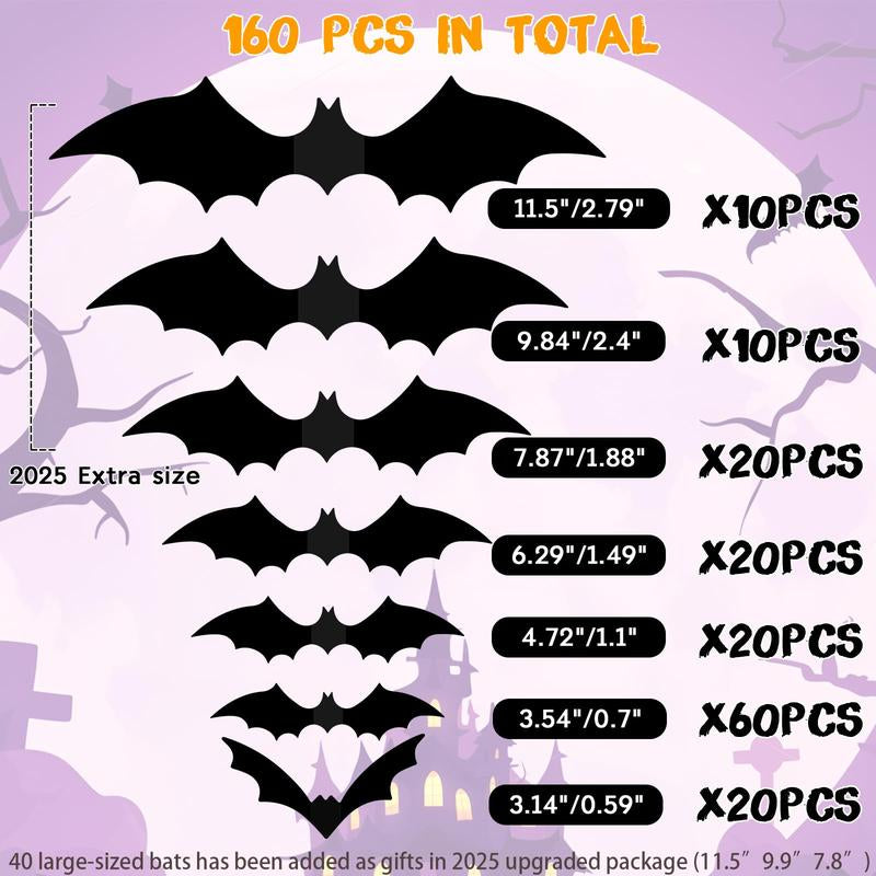 160PCS 3D Halloween Bats Wall Decor - Scary Black Bat Stickers in 7 Sizes for Spooky Home & Party Decorative Ornaments Removable PVC Material Easy DIY Application - Smooth