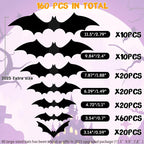 160PCS 3D Halloween Bats Wall Decor - Scary Black Bat Stickers in 7 Sizes for Spooky Home & Party Decorative Ornaments Removable PVC Material Easy DIY Application - Smooth