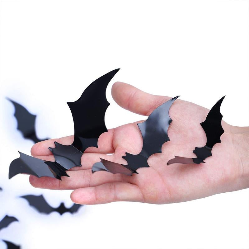 160PCS 3D Halloween Bats Wall Decor - Scary Black Bat Stickers in 7 Sizes for Spooky Home & Party Decorative Ornaments Removable PVC Material Easy DIY Application - Smooth