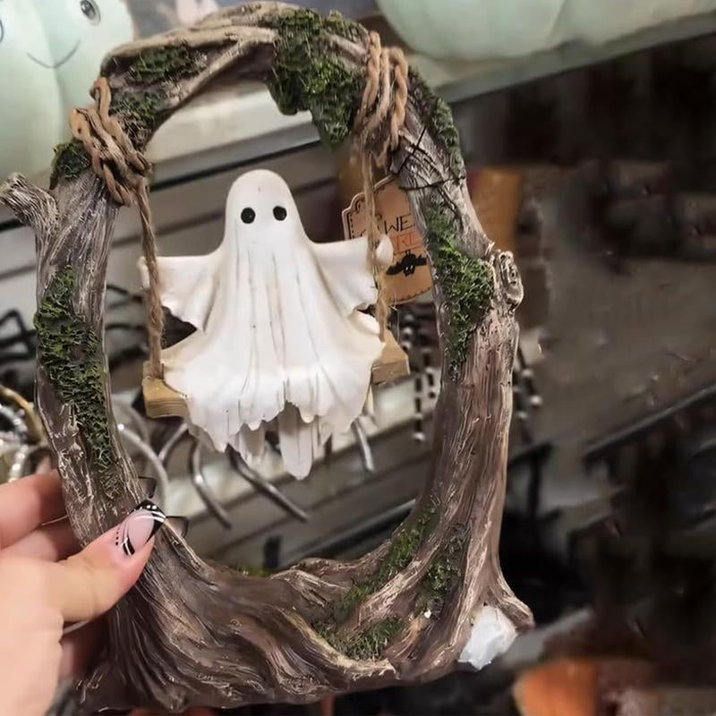 Ghost on a Tree Swing - Swinging Shadows 2025 New Cute Spooky Figurine for Halloween Indoor Outdoor Decorative Sculptures Gift Ornaments 11"D X 3.9"W X 7.8"H