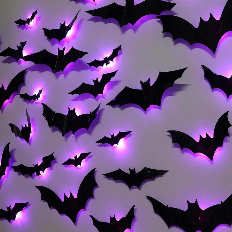 LED Light Bat Decorations - 12-24-36 Pack Lighted 3D Bat Stickers Assorted Sizes for Halloween Party Bedroom Window Decorations Indoor Outdoor Home Decals