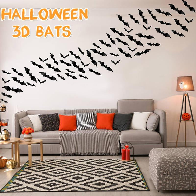 160PCS 3D Halloween Bats Wall Decor - Scary Black Bat Stickers in 7 Sizes for Spooky Home & Party Decorative Ornaments Removable PVC Material Easy DIY Application - Smooth