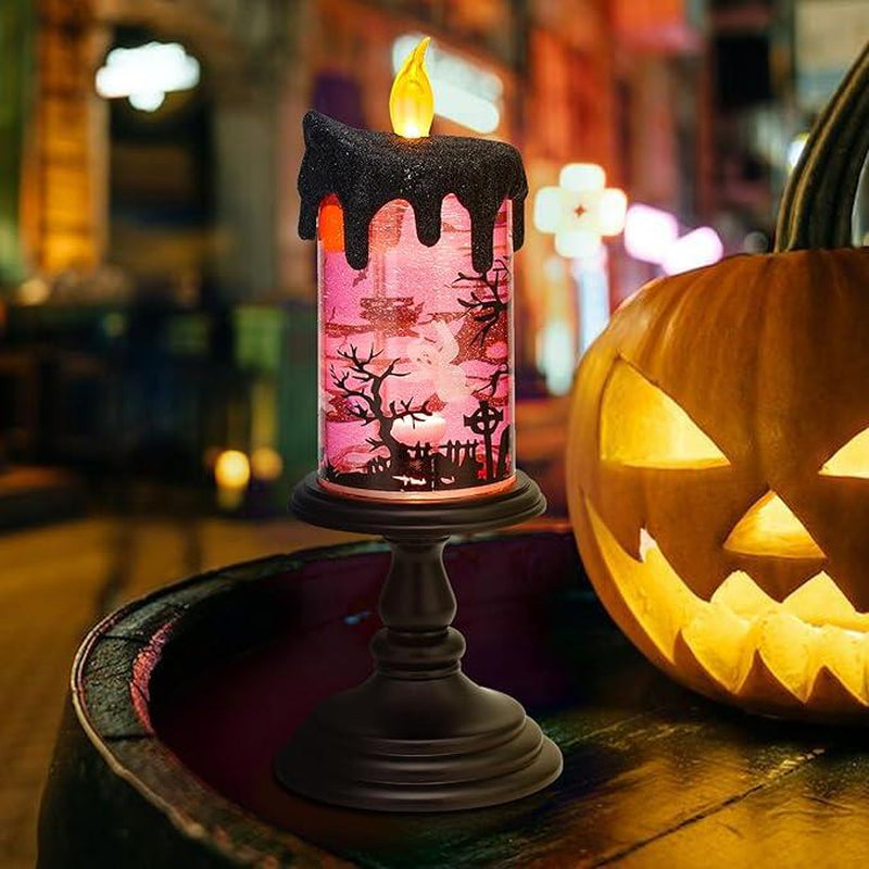 Genswin Halloween Snow Globe Flameless Candle, Light Glittering Spinning Water Table Decor Ornaments Decoration
