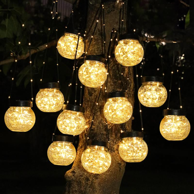 PARTPHONER Solar Lanterns Solar Lights Outdoor Waterproof 6-Pack, Solar Powered Hanging Lights Cracked Glass Hanging Globes for Christmas Decoration, Shepherd Hook, Garden Tree Ornaments